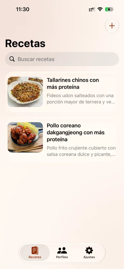 Biblioteca real de recetas de Varyu con buscador y dos recetas guardadas