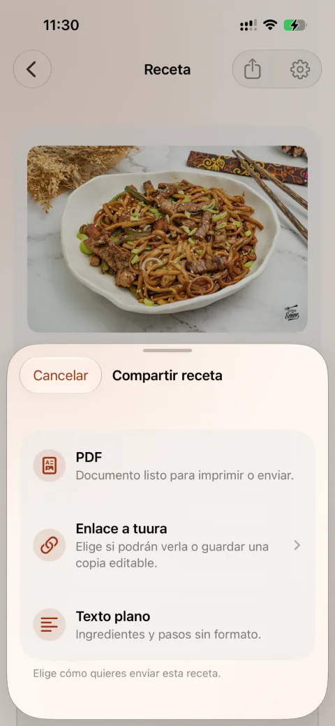 Pantalla real de Varyu para compartir una receta como PDF, enlace, texto o foto