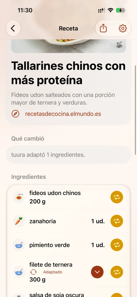 Detalle real de una receta de Varyu con ingredientes y una adaptación