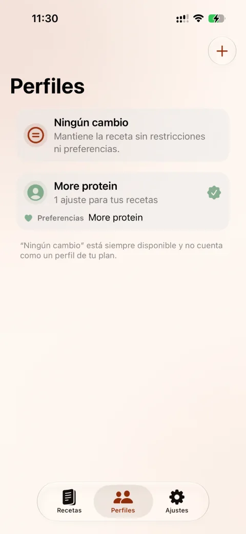 Pantalla real de perfiles alimentarios de Varyu